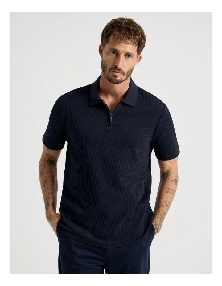 Zip Neck Self Stripe Polo in Navy image 5