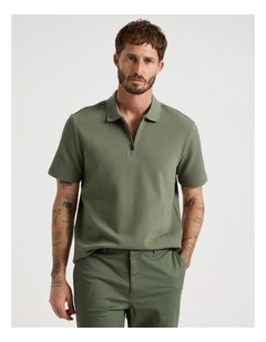 Zip Neck Self Stripe Polo in Olive