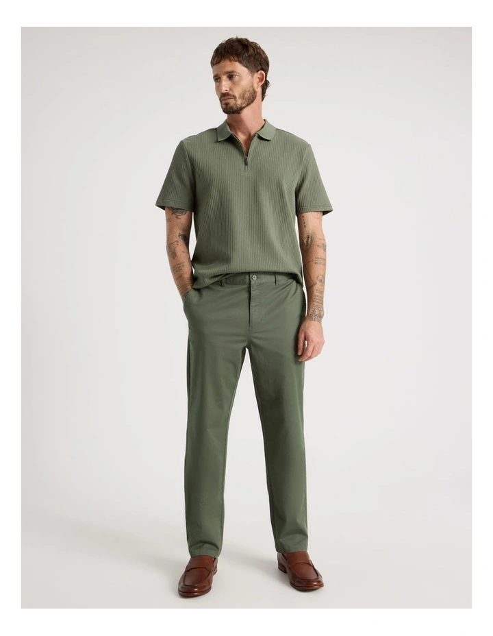 Zip Neck Self Stripe Polo in Olive image 2