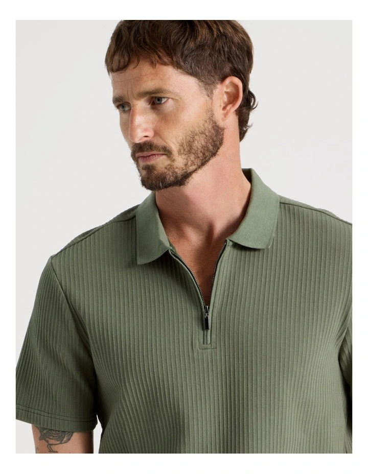 Zip Neck Self Stripe Polo in Olive image 3