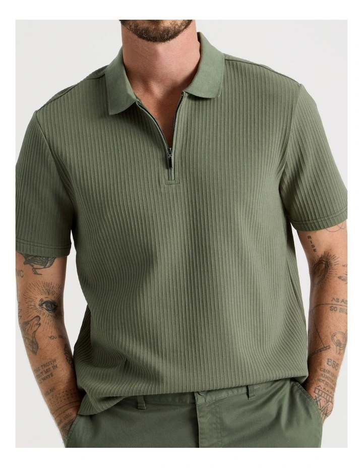Zip Neck Self Stripe Polo in Olive image 4