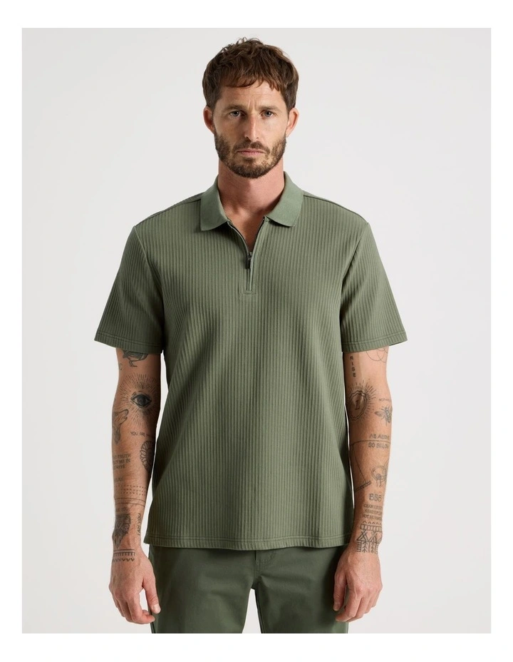 Zip Neck Self Stripe Polo in Olive image 5