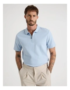 Zip Neck Self Stripe Polo in Light Blue