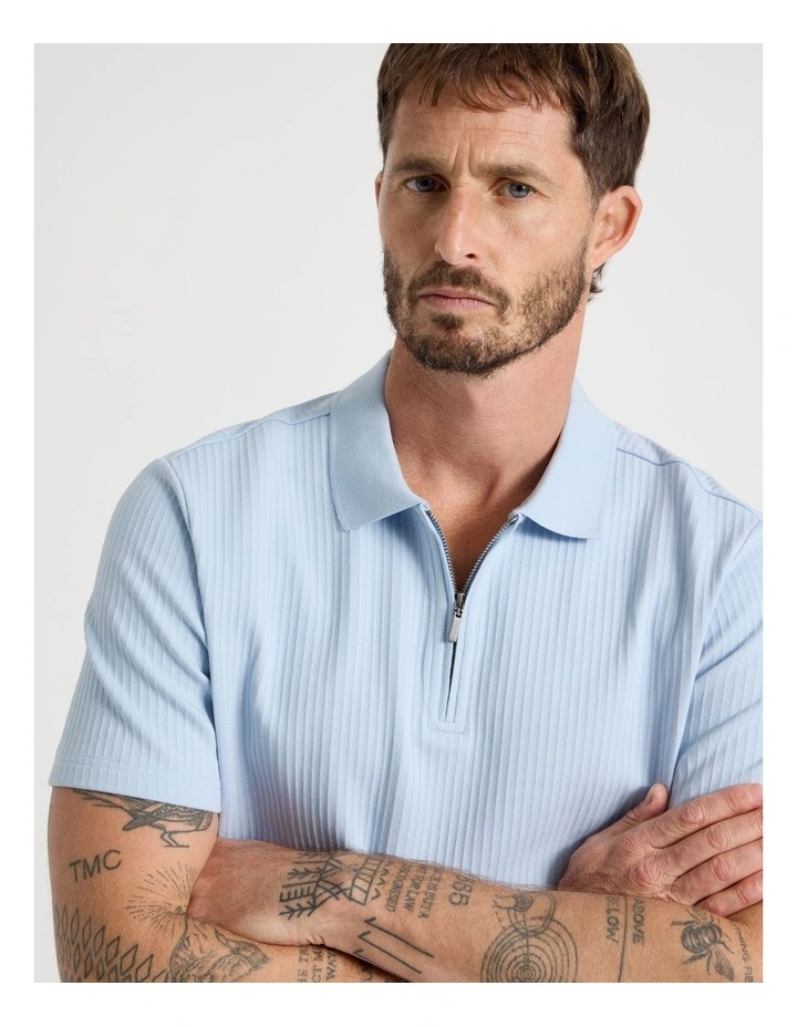 Zip Neck Self Stripe Polo in Light Blue image 2
