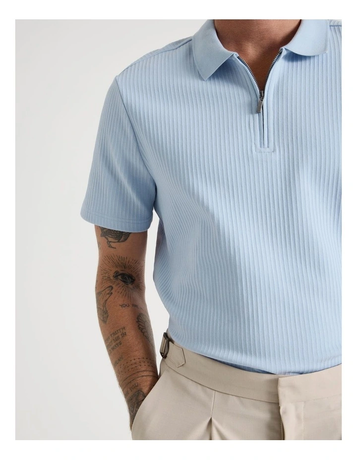 Zip Neck Self Stripe Polo in Light Blue image 3
