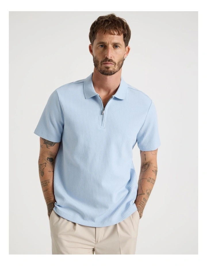 Zip Neck Self Stripe Polo in Light Blue image 4