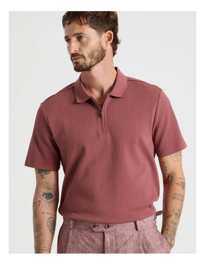 Zip Neck Self Stripe Polo in Rust image 2