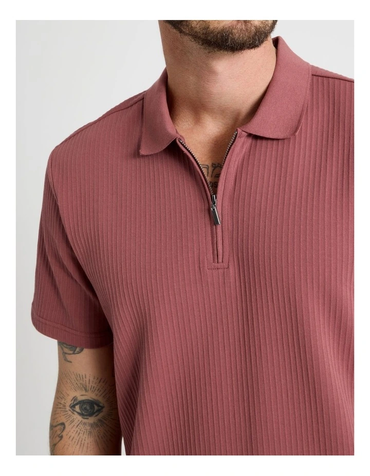 Zip Neck Self Stripe Polo in Rust image 4