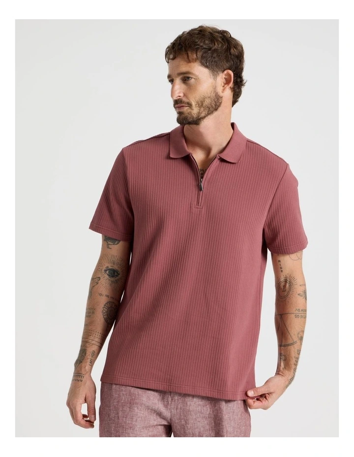 Zip Neck Self Stripe Polo in Rust image 5