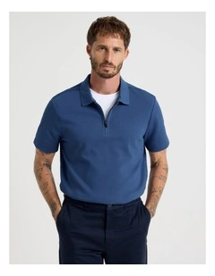 Zip Neck Self Stripe Polo in Cobalt