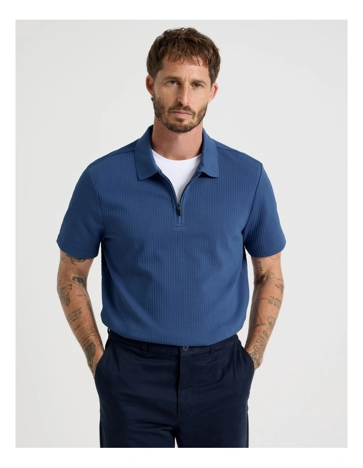 Zip Neck Self Stripe Polo in Cobalt image 1