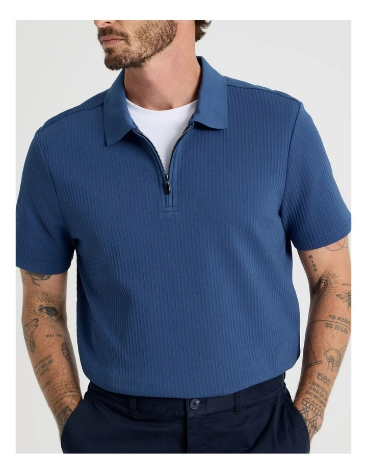 Zip Neck Self Stripe Polo in Cobalt image 3