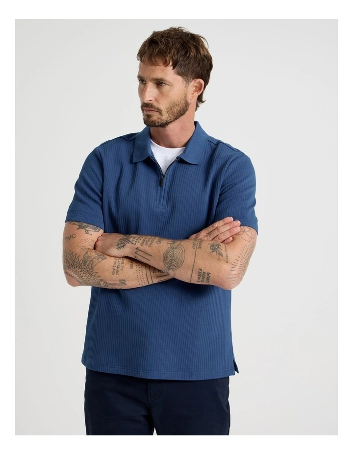 Zip Neck Self Stripe Polo in Cobalt image 4