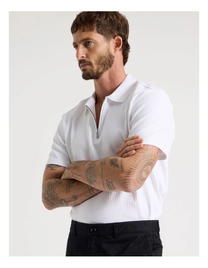 Zip Neck Self Stripe Polo in White image 1