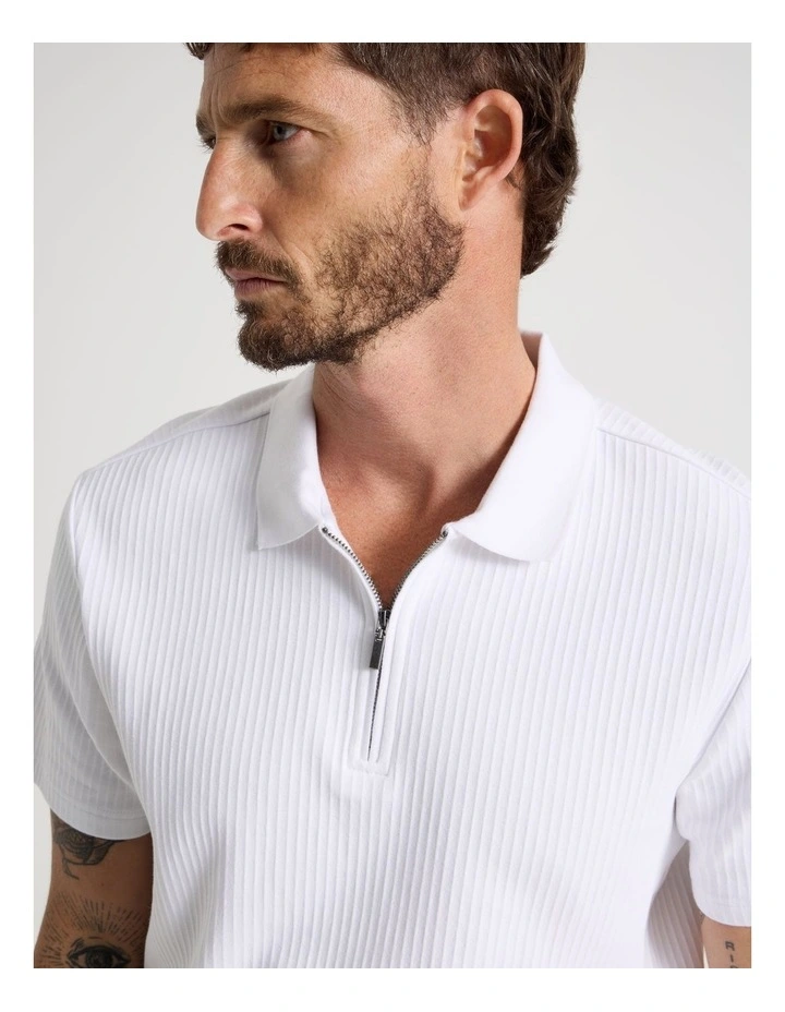 Zip Neck Self Stripe Polo in White image 2