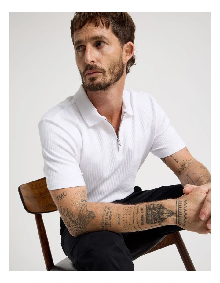 Zip Neck Self Stripe Polo in White image 3