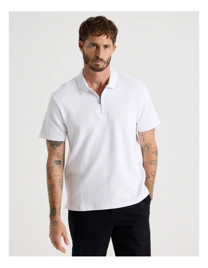 Zip Neck Self Stripe Polo in White image 4