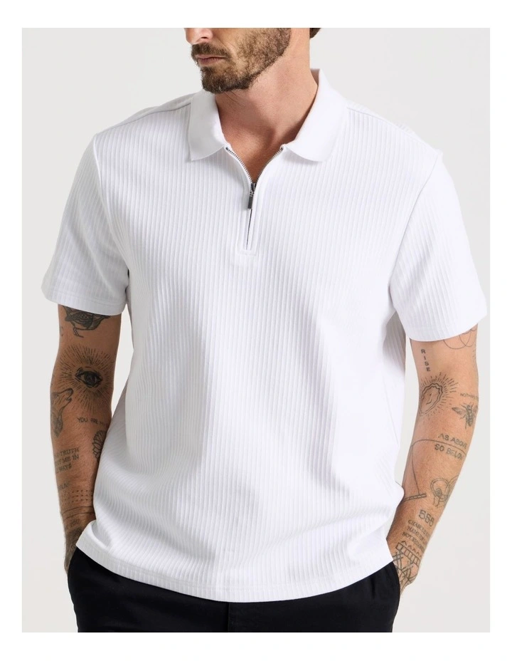 Zip Neck Self Stripe Polo in White image 7