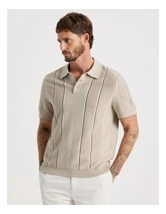 Vertical Stripe Knit Polo in Sand