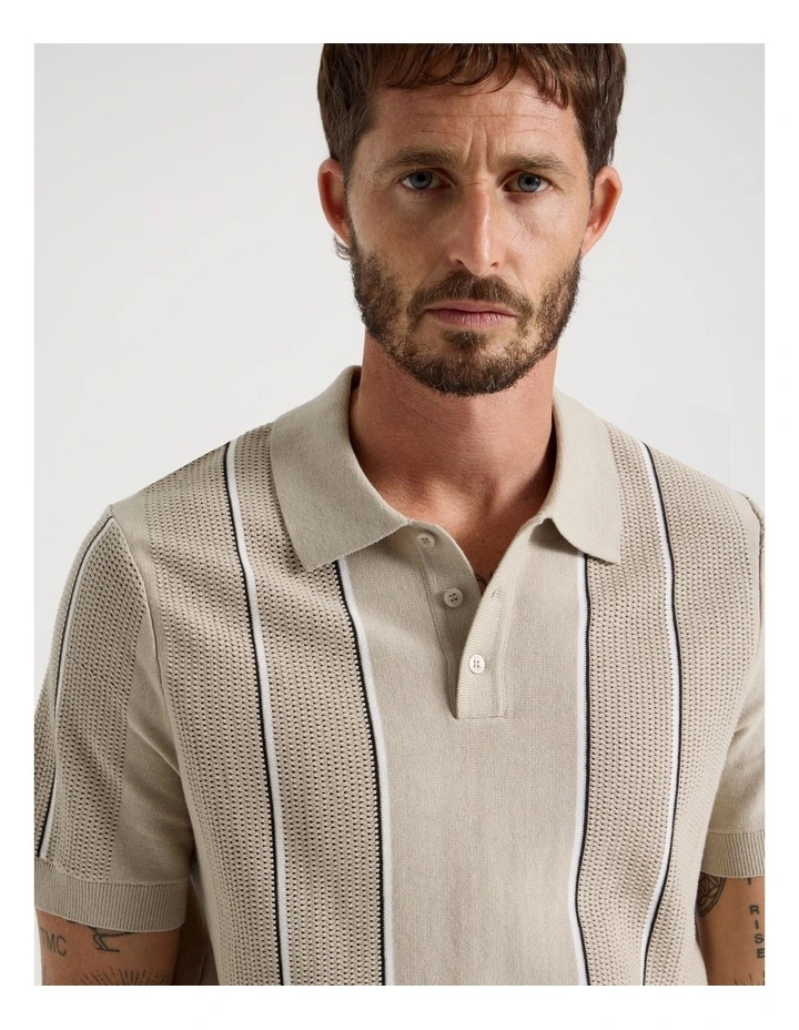 Vertical Stripe Knit Polo in Sand image 2