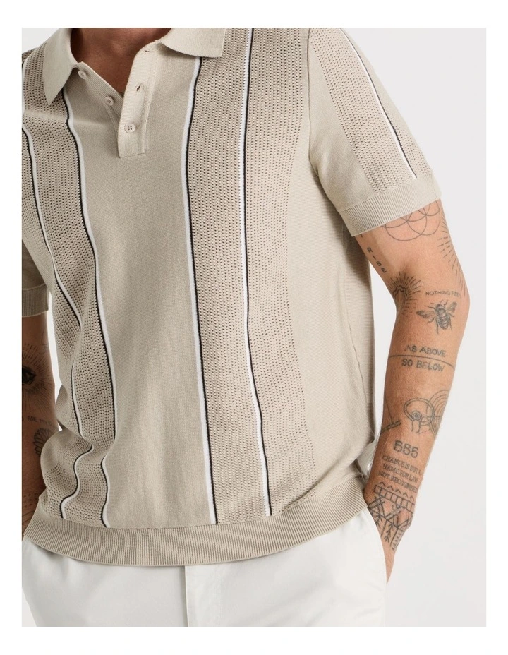 Vertical Stripe Knit Polo in Sand image 4