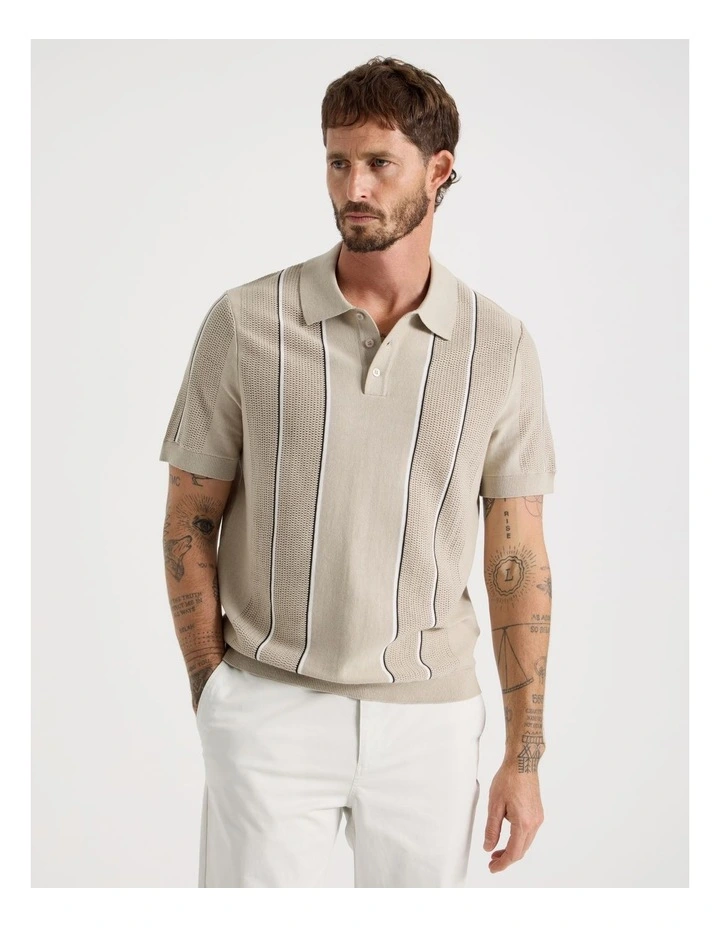 Vertical Stripe Knit Polo in Sand image 5