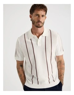 Vertical Stripe Knit Polo in White