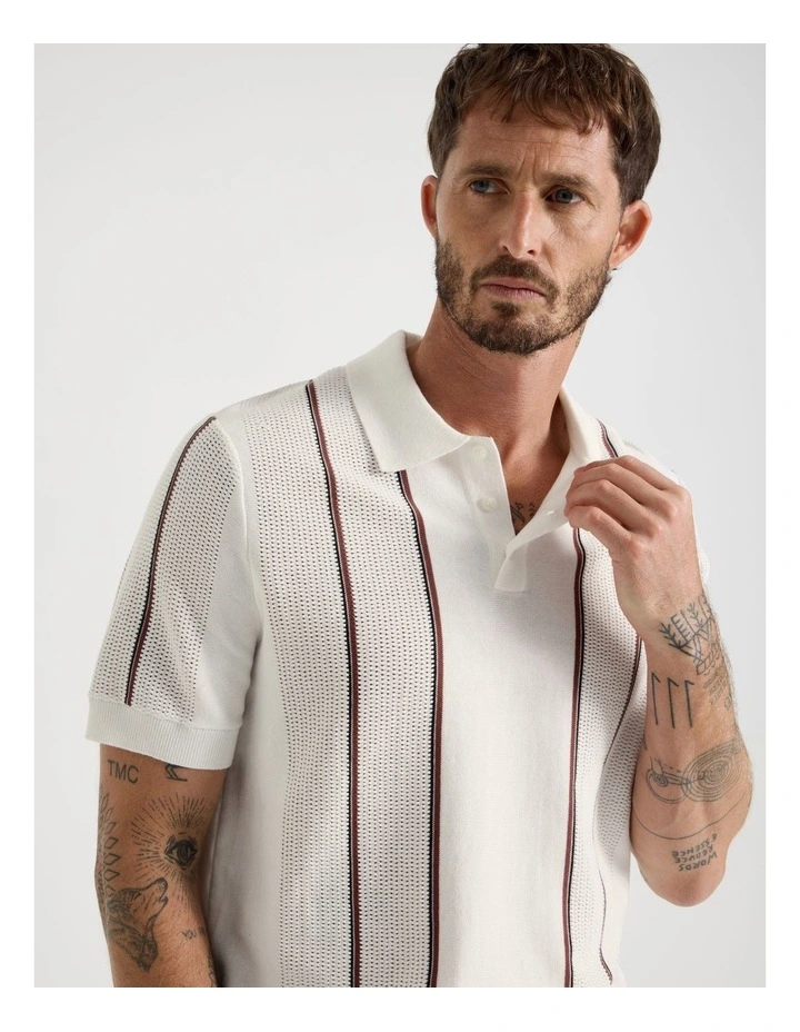 Vertical Stripe Knit Polo in White image 2