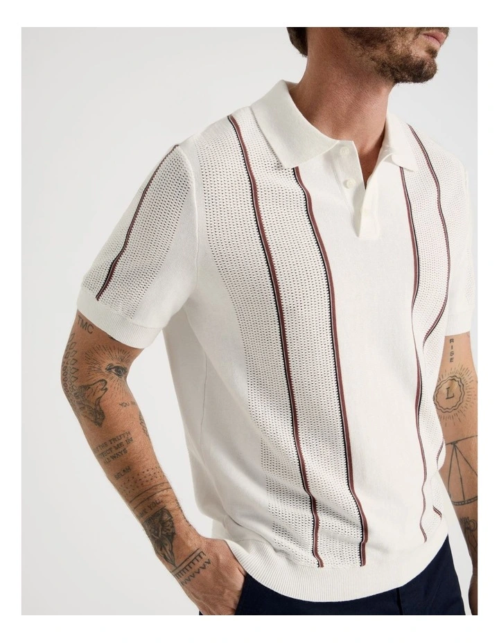 Vertical Stripe Knit Polo in White image 4