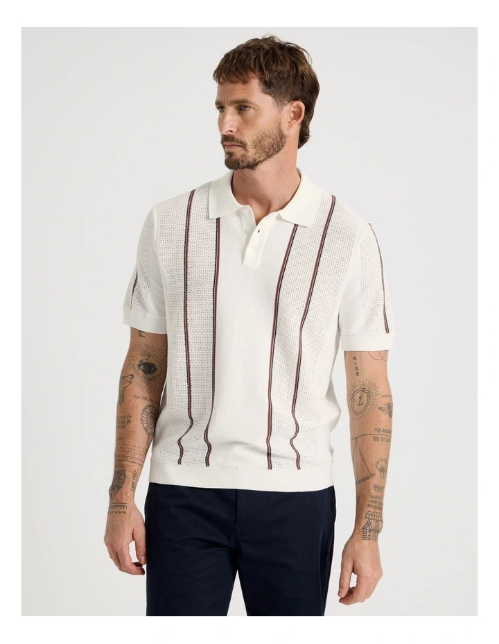 Vertical Stripe Knit Polo in White image 5
