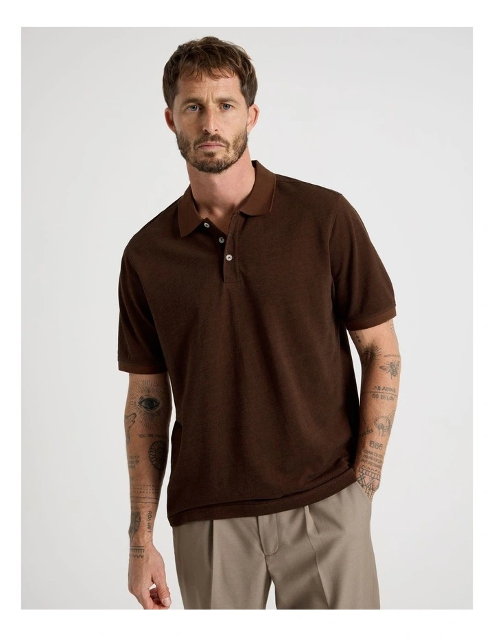 Mercerised Cotton Birds Eye Polo in Brown image 4