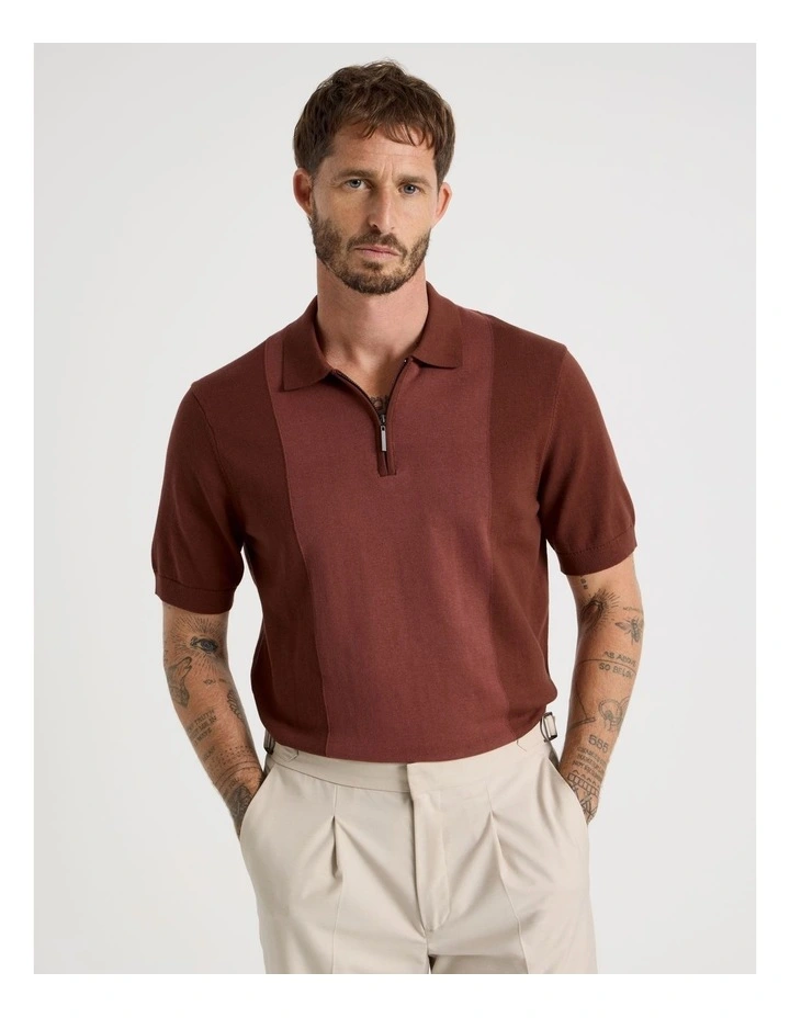 Vertical Colour Block Polo in Brown image 1