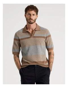 Open Collar Knit Polo in Brown Stripe
