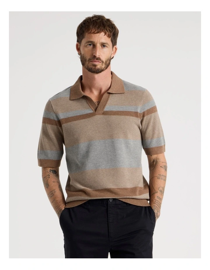 Open Collar Knit Polo in Brown Stripe image 1