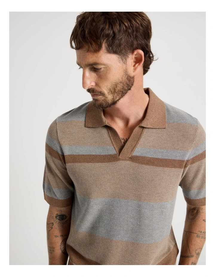 Open Collar Knit Polo in Brown Stripe image 2