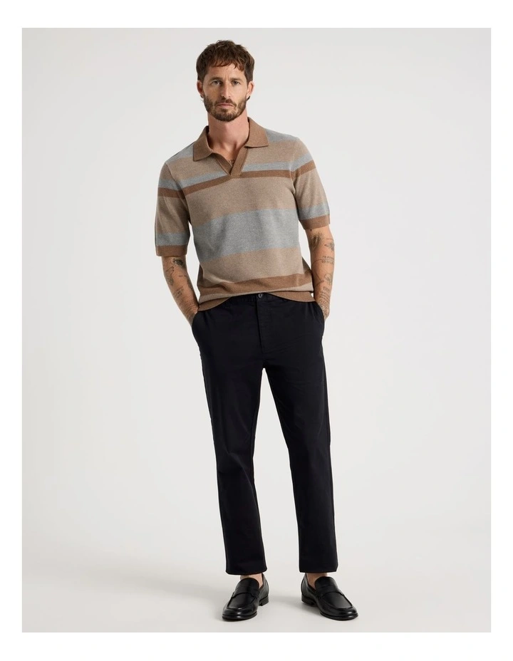 Open Collar Knit Polo in Brown Stripe image 3