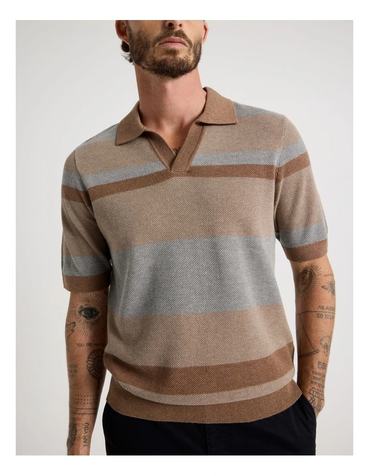 Open Collar Knit Polo in Brown Stripe image 4
