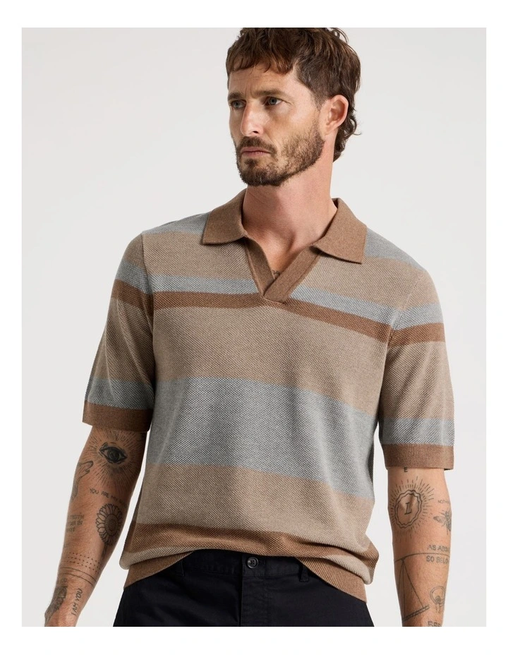 Open Collar Knit Polo in Brown Stripe image 5