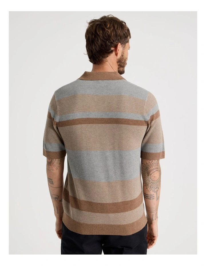 Open Collar Knit Polo in Brown Stripe image 6