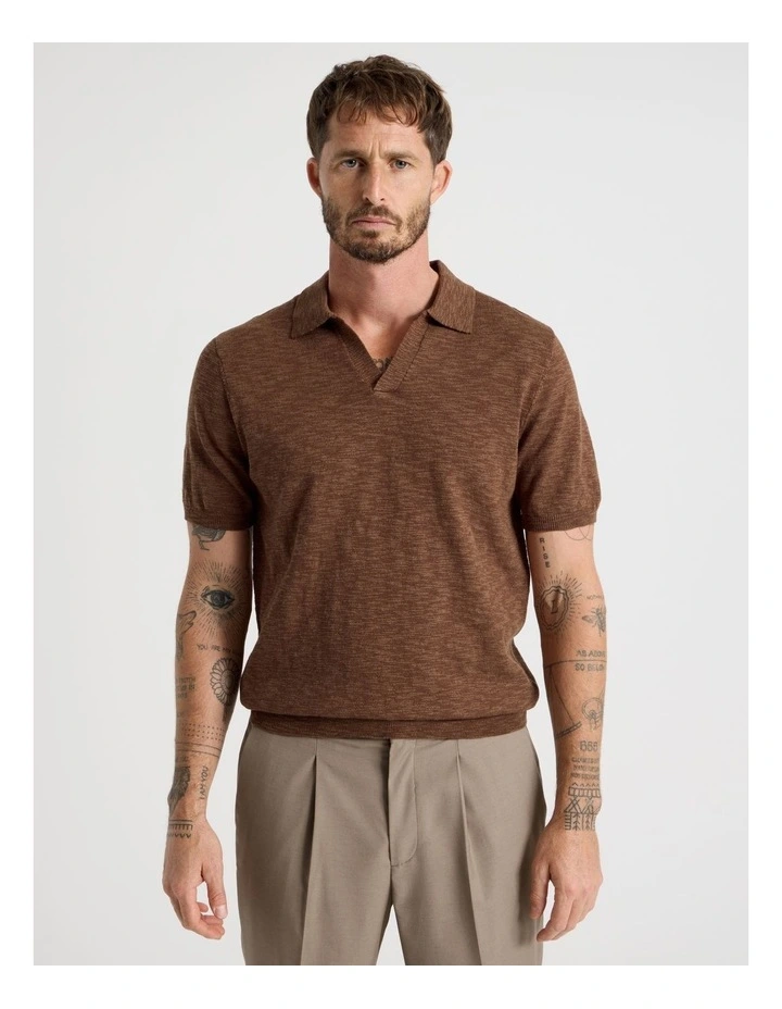 Slub Texture Knit Polo in Light Brown image 1