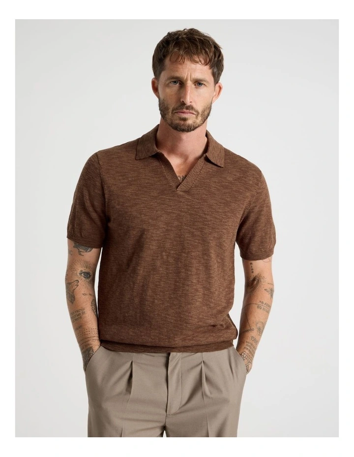 Slub Texture Knit Polo in Light Brown image 3