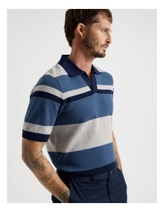 Open Collar Knit Polo in Grey and Blue Stripe