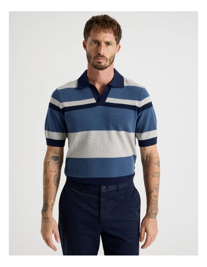Open Collar Knit Polo in Grey and Blue Stripe image 2