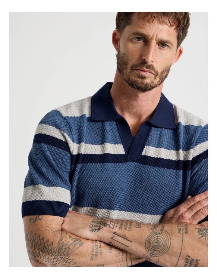 Open Collar Knit Polo in Grey and Blue Stripe image 3