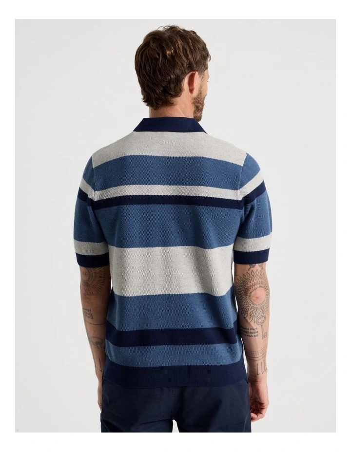 Open Collar Knit Polo in Grey and Blue Stripe image 5