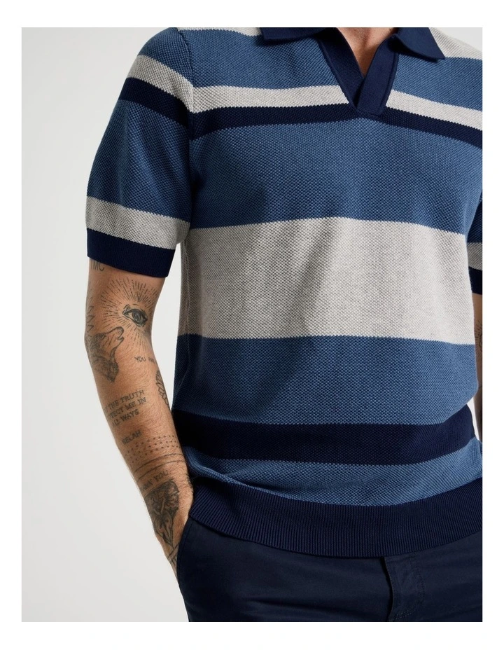 Open Collar Knit Polo in Grey and Blue Stripe image 6