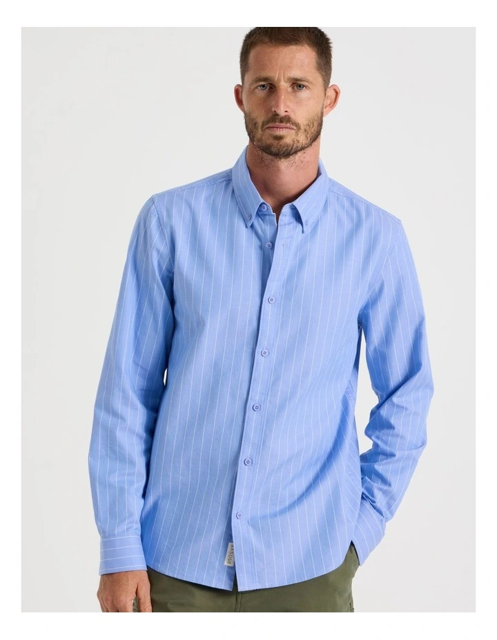 Long Sleeve Striped Oxford Shirt in Blue image 4