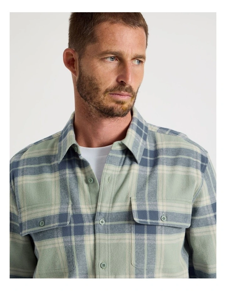 Double Pocket Long Sleeve Check Shirt in Light Green image 3