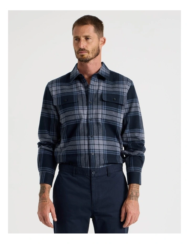 Double Pocket Long Sleeve Check Shirt in Navy image 1