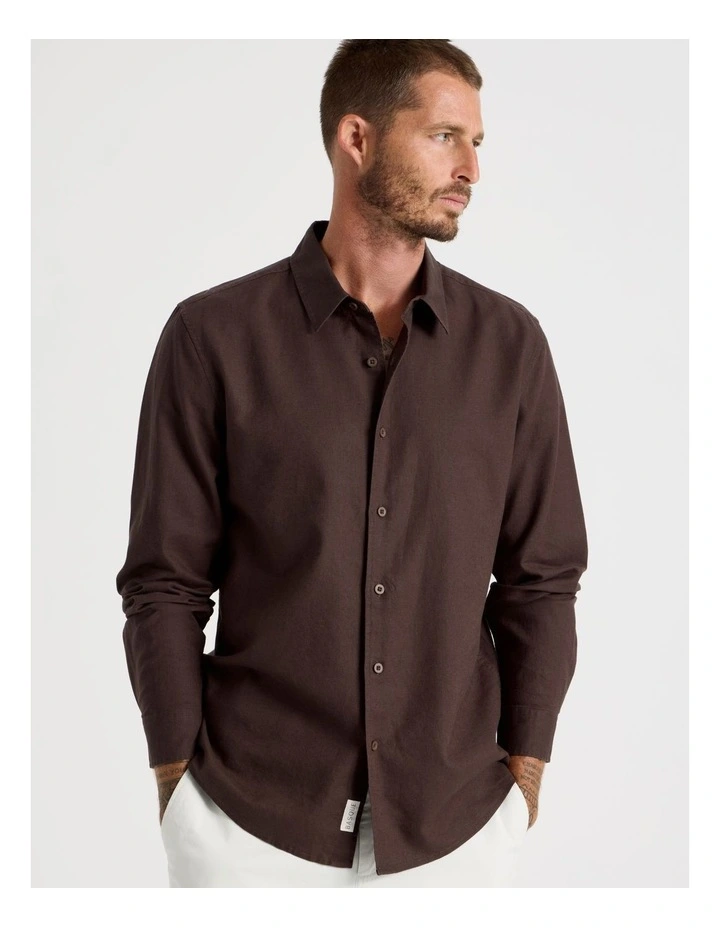Long Sleeve Linen Blend Shirt in Chocolate image 1